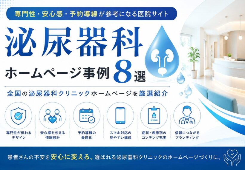 全国の参考になる泌尿器科ホームページ事例8選を紹介したCLINICA WEBの特集サムネイル。専門性・安心感・予約導線などホームページ制作のポイントを紹介。