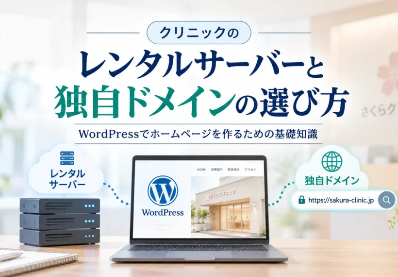 クリニックのレンタルサーバーと独自ドメインの選び方を解説するサムネイル画像。WordPressで作成したクリニックのホームページを表示するパソコンと、サーバー、独自ドメインのイメージを配置。
