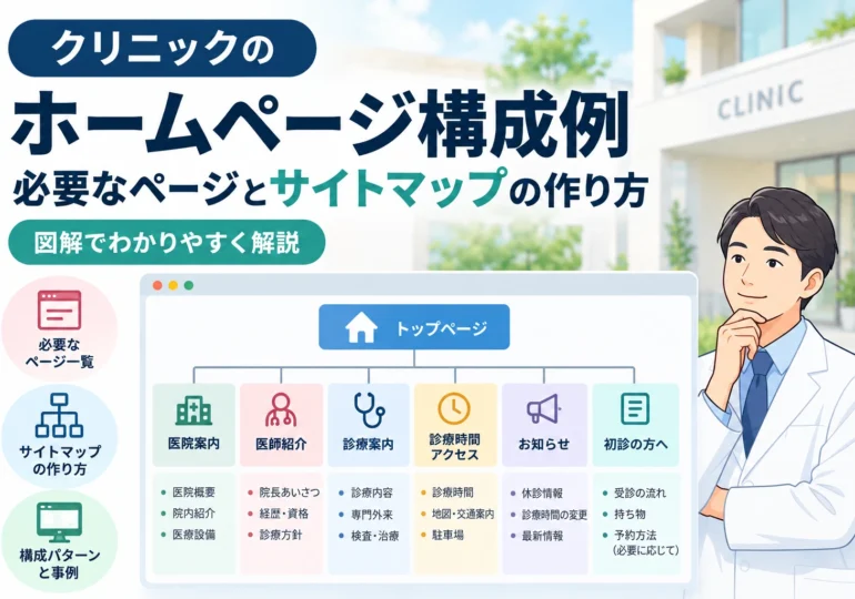 クリニックのホームページ構成例を解説するイラスト。医院案内、医師紹介、診療案内、診療時間・アクセスなどの必要なページとサイトマップの作り方を図解。