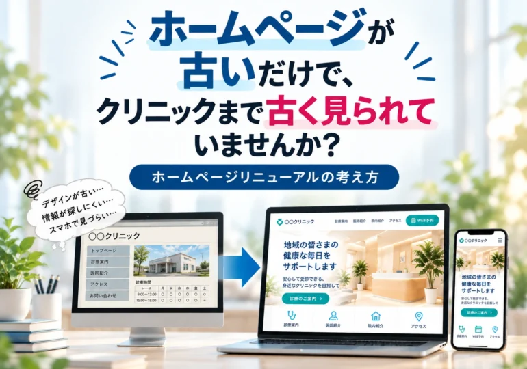 クリニックのホームページリニューアルを解説するイメージ。古いデザインのサイトと新しいデザインのサイトを比較し、医院の印象や見やすさの違いを表現。
