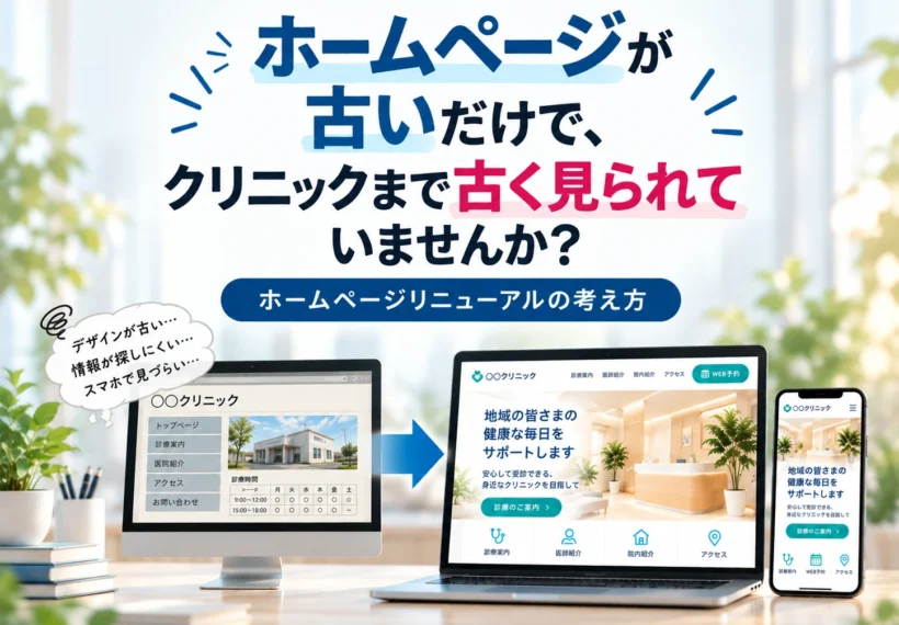 クリニックのホームページリニューアルを解説するイメージ。古いデザインのサイトと新しいデザインのサイトを比較し、医院の印象や見やすさの違いを表現。