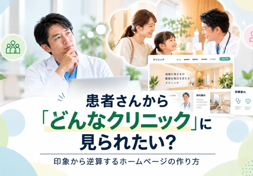 クリニックの院長が患者さんからの印象を考えるイメージ。医師と親子の診療風景、クリニックホームページのデザイン事例を組み合わせたコラム用サムネイル画像。
