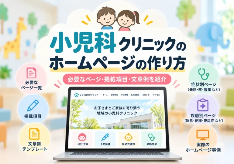小児科クリニックのホームページの作り方を解説するCLINICA WEBのコラムサムネイル。必要なページ構成・掲載項目・文章テンプレートをテーマに、子どものイラストや小児科ホームページを表示したパソコン、症状別・疾患別ページのアイコンを配置したデザイン。
