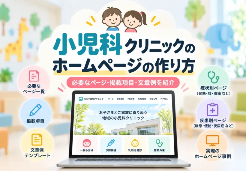 小児科クリニックのホームページの作り方を解説するCLINICA WEBのコラムサムネイル。必要なページ構成・掲載項目・文章テンプレートをテーマに、子どものイラストや小児科ホームページを表示したパソコン、症状別・疾患別ページのアイコンを配置したデザイン。